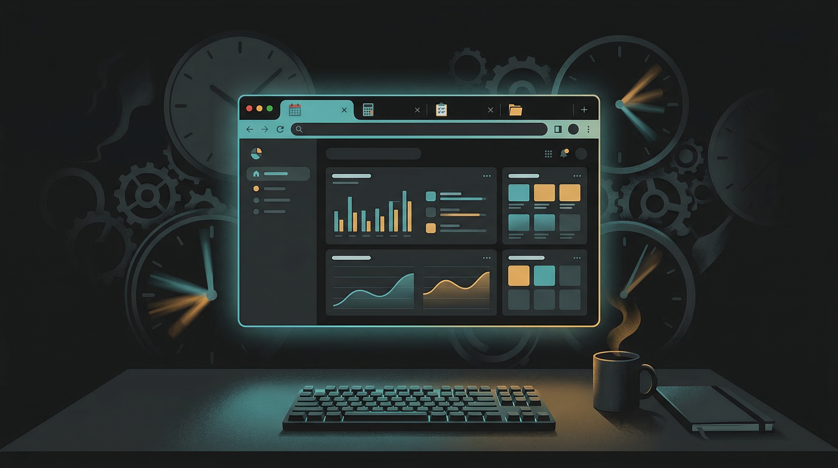 Browser-based tooling suite with clock elements representing rapid development
